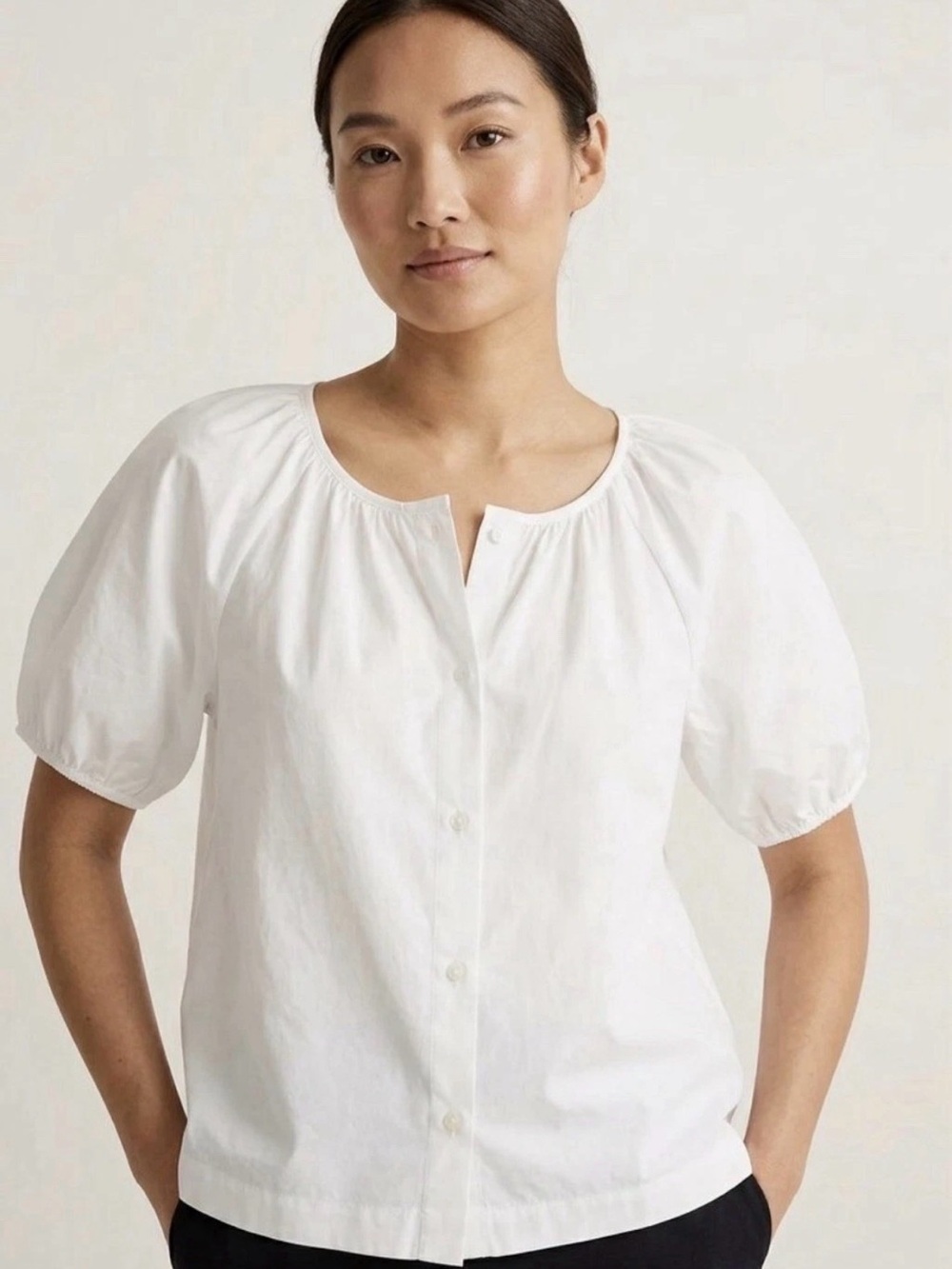 J.CREW Women's White Poplin Woven Round Neck Puff Sleeve
Button Blouse Sz S NWOT